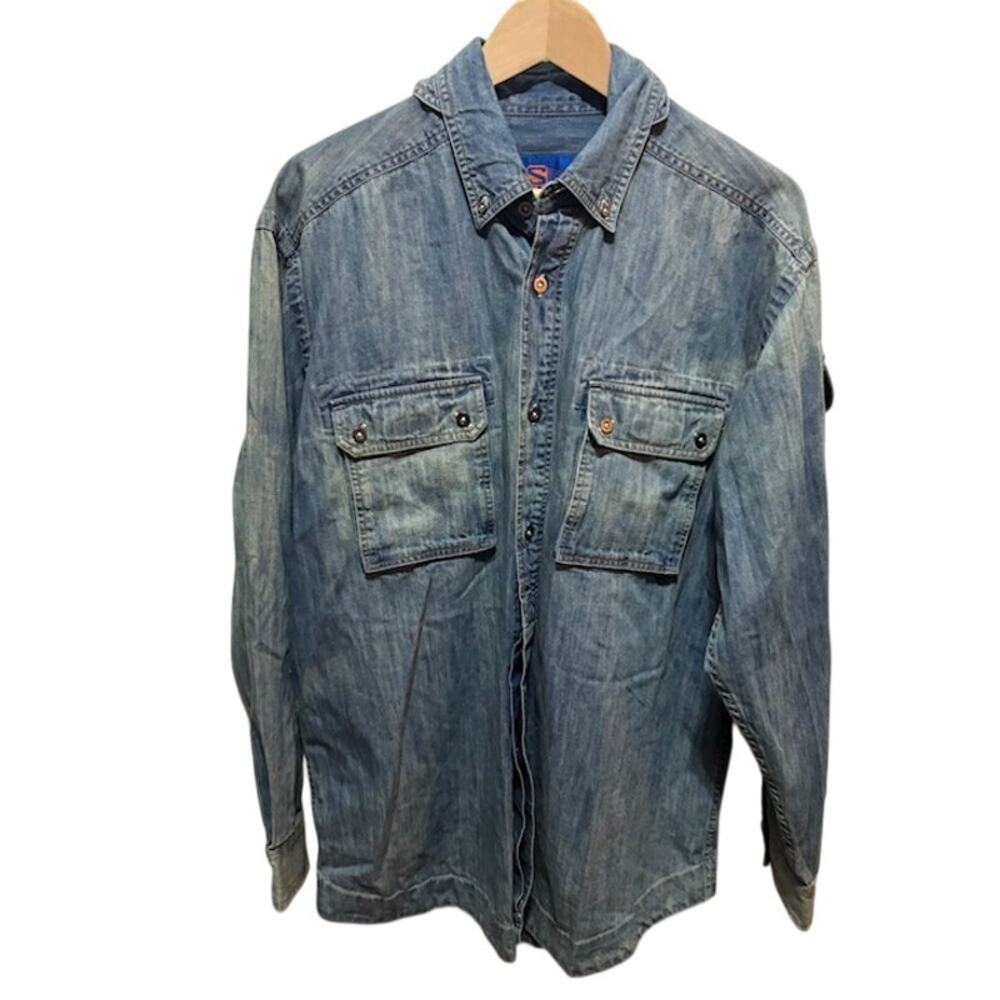 Survivalon denim shirt long sleeve button up utility blue shacket men's Large